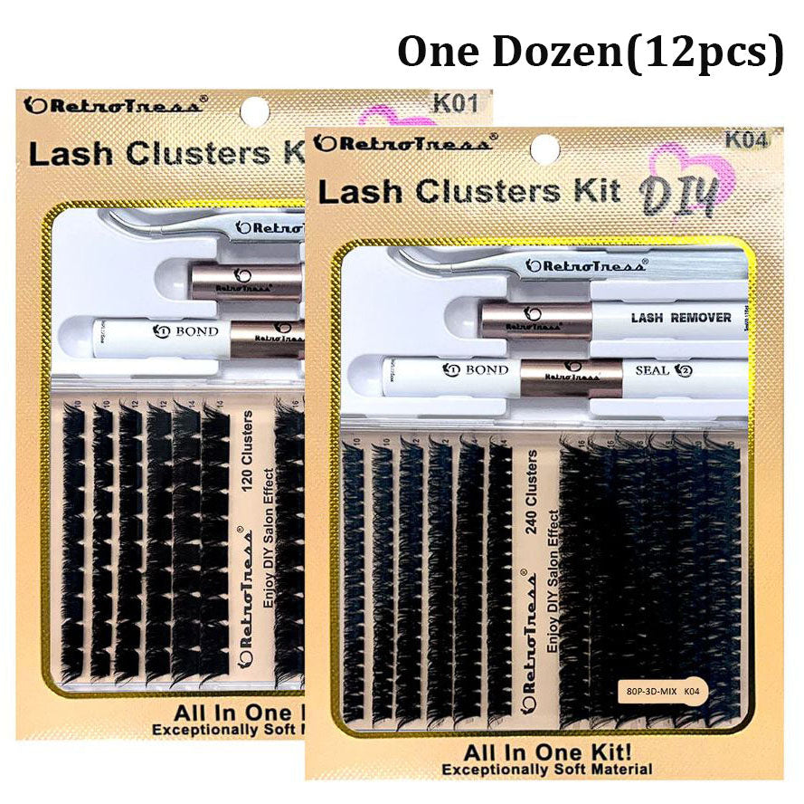 One Dozen(12pcs) DIY Retrotress Lash Extension Mix styles Lash Clusters Individual Explosive eyelashes with Bond&Seal Remover Tweezers